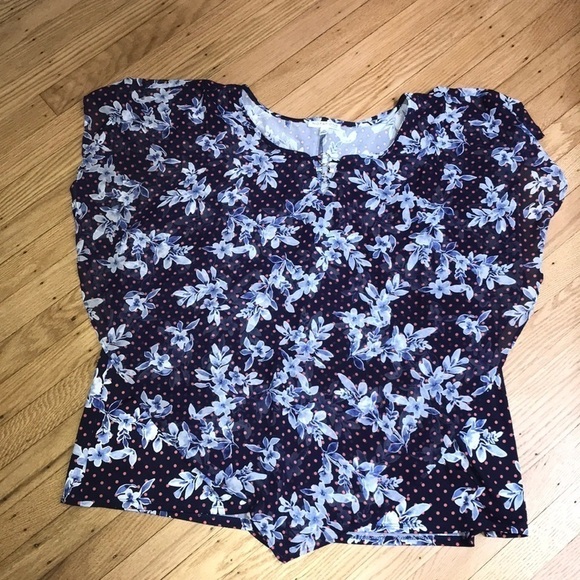 Notations Plus Size 3X Floral Polka Dot Chiffon Top Short Sleeve Blouse - Picture 1 of 2